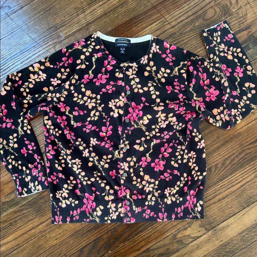 Lands' End Women's Black Cardigan with Pink and Orange Floral - Picture 8 of 9